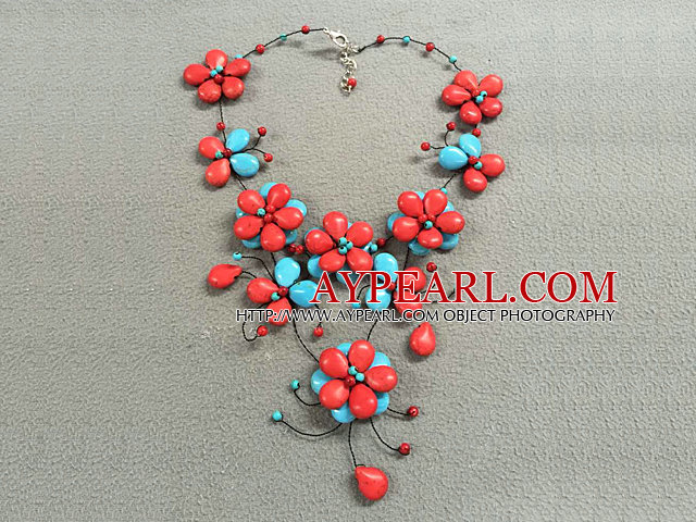 Beautiful Red & Blue Turquoise Flower Party Necklace