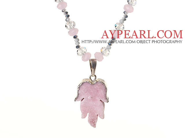 Light Pink Series Single Strand Clear and Pink Crystal Necklace with Leaf Shape Pink Crystallized Agate Pendant