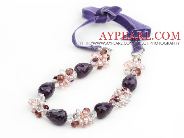 Purple Series Drop Shape Amethyst og Pink Pearl og Clear Crystal halskjede med Purple Cord