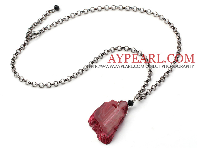 Simple Design Pink Red Color Irregular Shape Crystallized Agate Pendant Necklace ( The stone is not complete )