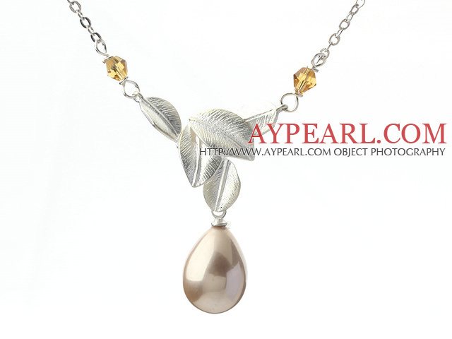 Classic Design Cream Color Drop Shape Seashell Pendant Necklace with Metal Leaves and Metal Chain
