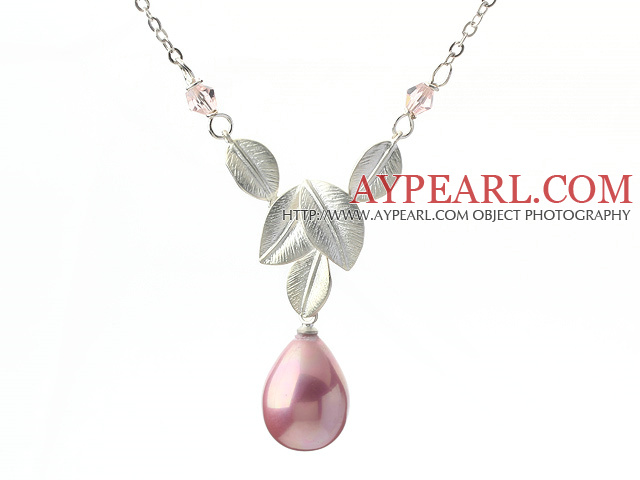 Classic Design Pink Color Drop Shape Seashell Pendant Necklace with Metal Leaves and Metal Chain