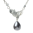 Classic Design Dark Gray Color Drop Shape Seashell Pendant Necklace with Metal Leaves and Metal Chain