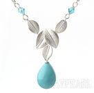 Wholesale Classic Design Blue Turquoise Color Drop Shape Seashell Pendant Necklace with Metal Leaves and Metal Chain