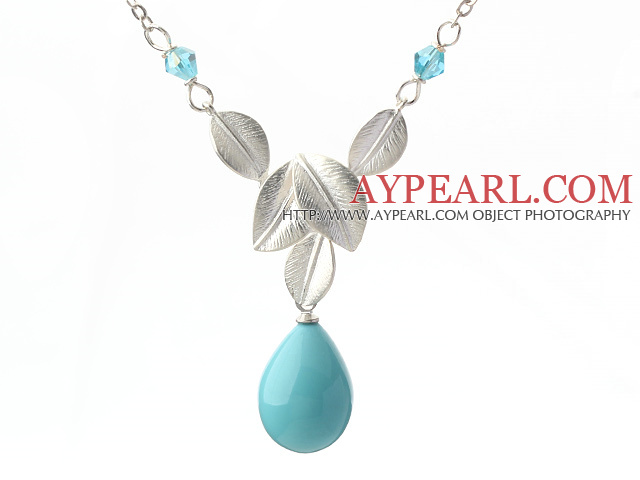 Классический дизайн синий бирюзовый цвет формы капли Seashell ожерелье с металлической листьев и металлические цепи