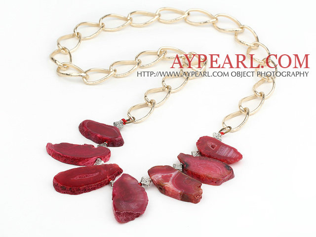 Faceted Crystallized Red Agate Necklace with Bold Metal Loop Chain ( The Stone May Not Complete)