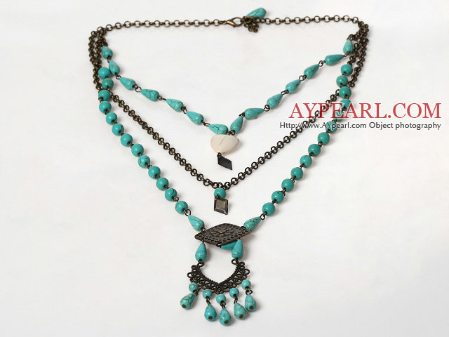 Multi-Couches Vintage Collier Turquoise avec chaîne en bronze 