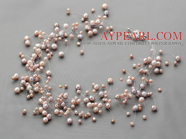 Fancy stil Multi Strands Natural Purple Freshwater Pearl Bridal halskjede