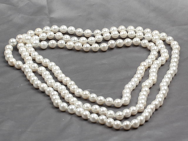 Long Style 8mm White Color Round Sea Shell Beaded Necklace