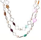 Long Lovely Style White Pearl and Multi Shape Multi Color Shell Necklace