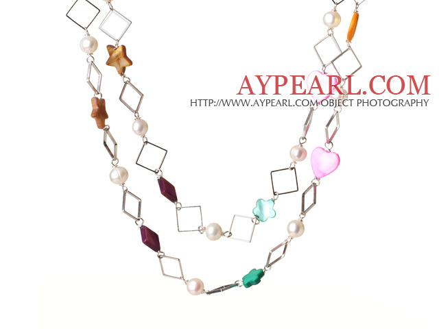 Long Lovely Style White Pearl and Multi Shape Multi Color Shell Necklace