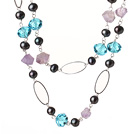 Vackra Lång Stil Oregelbunden Ametist och Black Pearl blå kristall halsband