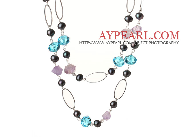 Beautiful Long Style Irregular Amethyst and Black Pearl Blue Crystal Necklace