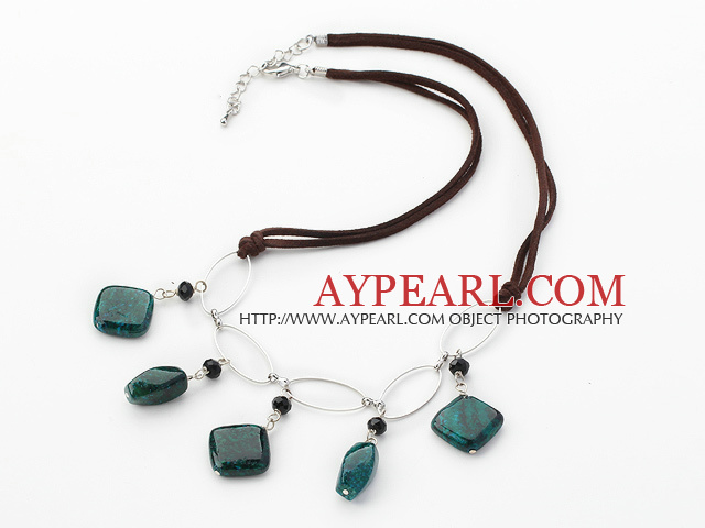 Simple Style Phoenix Stone and Black Crystal Necklace with Metal Loop and Brown Cord