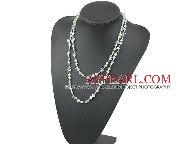 Lång Style Ljusgrön Sötvatten Pearl och klar kristall halsband (nr Lås)