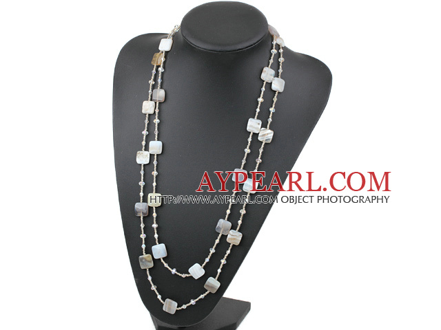 Long Style Square Shape Gray Agate and Gray Crystal Necklace ( No Clasp )