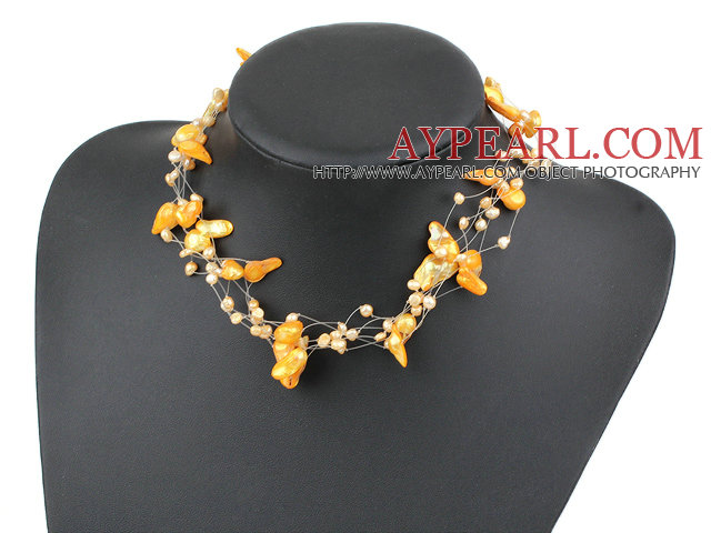 Fancy Style Multi Strands Yellow Teeth Shape Pearl Necklace with Toggle Clasp