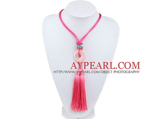 Pink Series Etnisk Stil Rose Quartz Donut og Crystal Tassel halskjede