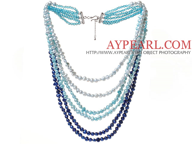 Blue Series Multi Strands Gradual Color Change Freshwater Pearl Beaded Necklace
