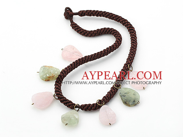 Assorted Frosted Drop Shape Rose Quartz and Prehnite Necklace with Bold Brown Rope