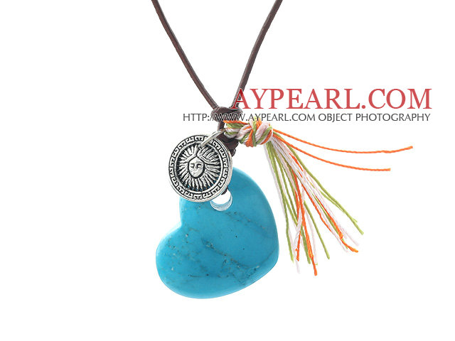 Simple Design Heart Shape Blue Turquoise and Tibet Silver Accessory Pendant Necklace with Brown Leather Cord