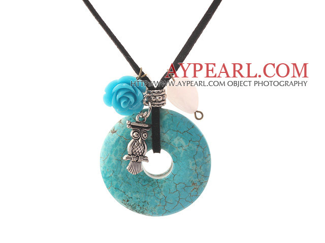 Simple Design Donut Shape Burst Pattern Turquoise and Rose Flower and Tibet Silver Owl Pendant Necklace with Black Cord