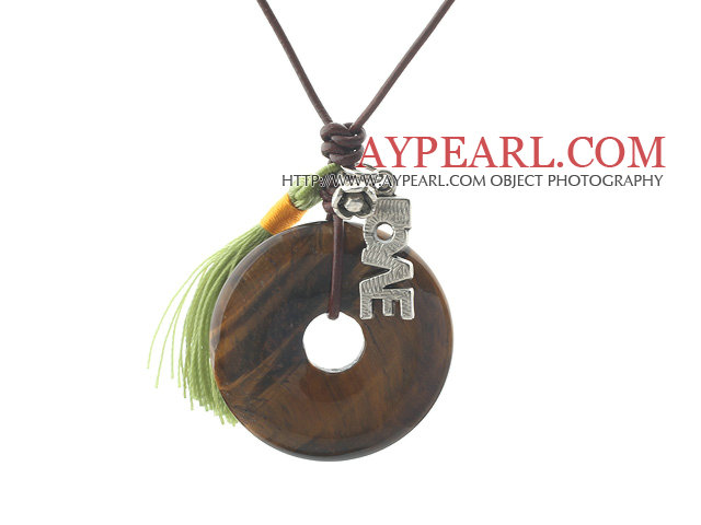 Simple Design Donut Shape Tiger Eye and Tibet Silver Love Pendant Necklace with Brown Leather