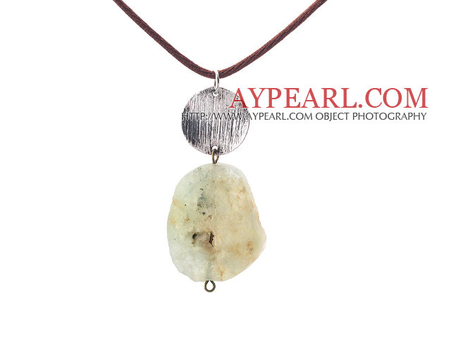 Simple Design Grinding Prehnite Stone and Round Tibet Silver Pendant Necklace with Brown Cord