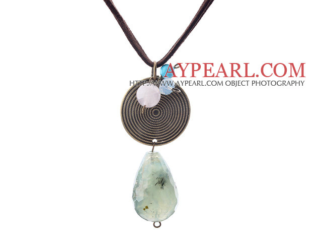 Simple Design Faceted Drop Shape Prehnite Stone and Round Tibet Silver Pendant Necklace with Black Cord