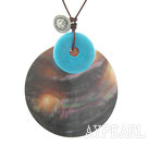 Round Black Lip Shell and Donut Shape Blue Turquoise Pendant Necklace
