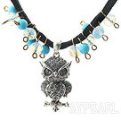 Wholesale New Design Clear and Blue Crystal and Owl Shape Pendant Necklace with Black Cord