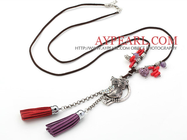Red Coral and Owl Shape Accessory with Rhinestone Y Shape Necklace
