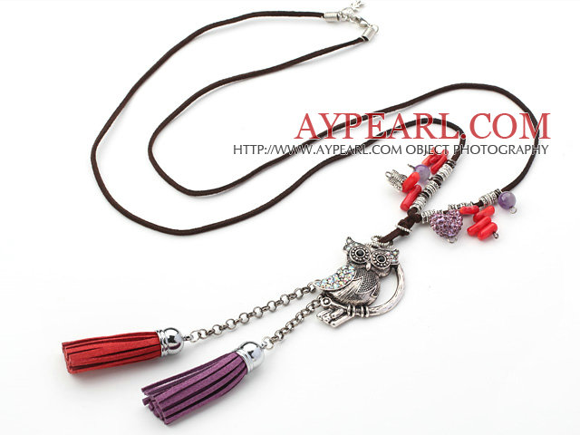 Assorted Red Coral and Owl Shape Accessory with Rhinestone Y Shape Necklace