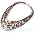 Multi Strands 11-12mm Natural White Freshwater Pearl Brown Leather Necklace with Magnetic Clasp