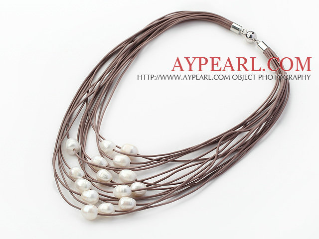 Multi Strands 11-12mm Natural White Freshwater Pearl Brown Leather Necklace with Magnetic Clasp