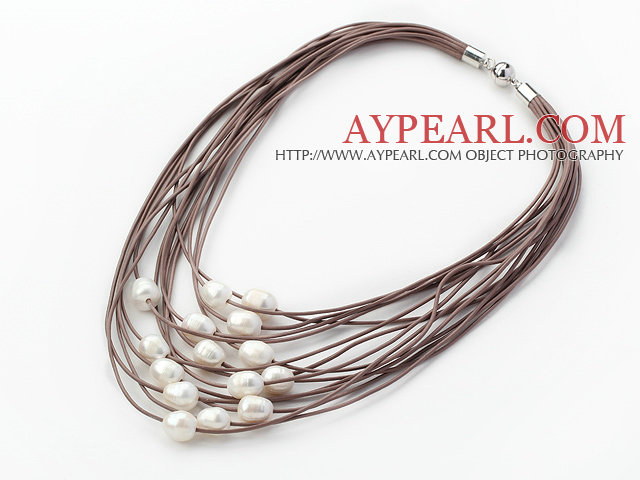 Multi Strands 11-12mm Natural White Freshwater Pearl Brun Läder Halsband med magnetlås