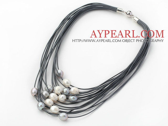 Multi Strands 11-12mm Natural White och Gray sötvattenspärla Grå Läder Halsband med magnetlås