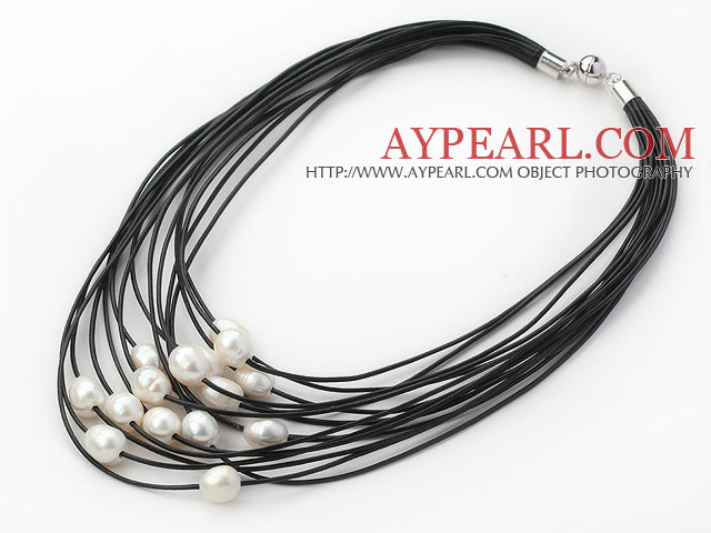 Multi Strands 11-12mm Natural White Freshwater Pearl Black Leather Necklace with Magnetic Clasp