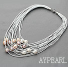 Multi Strands 11-12mm White Pink and Violet Freshwater Pearl White Leather Necklace with Magnetic Clasp
