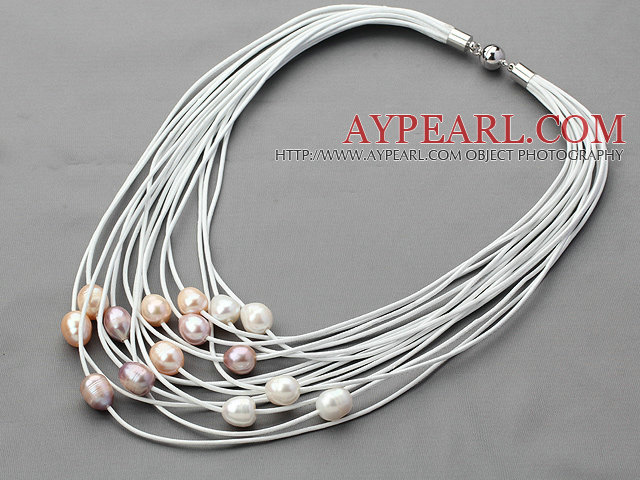 Multi Strands 11-12mm White Pink and Violet Freshwater Pearl White Leather Necklace with Magnetic Clasp