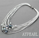 Multi Strands 11-12mm Gray and Black Freshwater Pearl White Leather Necklace with Magnetic Clasp
