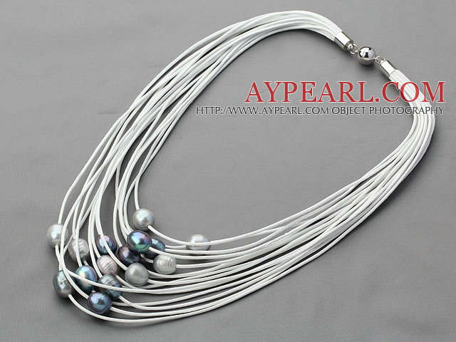 Multi Strands 11-12mm grau und schwarz Süßwasser-Zuchtperlen Weiss Leder Halskette mit Magnetverschluss