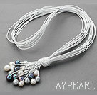 Ny design Multi Strands 11-12mm Natural White Svart Grå sötvattenspärla Läder Halsband