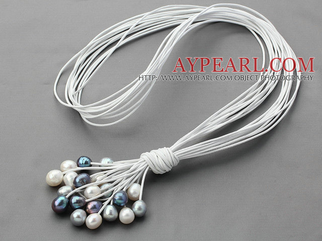 Ny design Multi Strands 11-12mm Natural White Svart Grå sötvattenspärla Läder Halsband