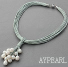 Wholesale New Design Multi Strands 11-12mm Natural White Freshwater Pearl Leather Necklace with Magnetic Clasp