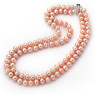 Två Strands 8-9mm A Grade Pink Freshwater Pearl pärlstav Knutna Necklace