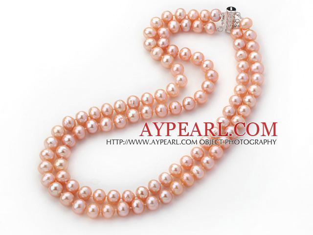 Två Strands 8-9mm A Grade Pink Freshwater Pearl pärlstav Knutna Necklace