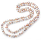 Wholesale Long Style 9-10mm White and Pink and Violet Round Freshwater Pearl Beaded Knotted Necklace