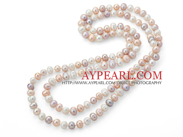 Long Style 9-10mm White and Pink and Violet Round Freshwater Pearl Beaded Knotted Necklace