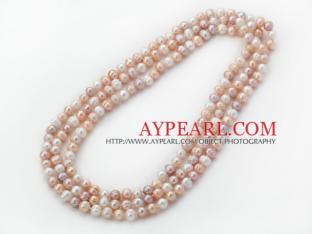 Lang stil 8-9mm hvit og rosa og fiolett Round Freshwater Pearl Beaded Knyttet halskjede